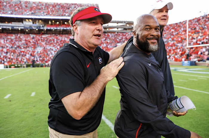 Georgia head coach Kirby Smart, Georgia run game coordinator and running backs coach Dell McGee after Georgia’s game against Auburn on Pat Dye Field at Jordan-Hare Stadium in Auburn, Ala., on Saturday, Sept. 30, 2023. (Tony Walsh/UGAAA)